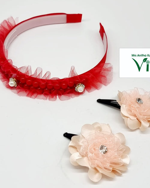 Children hair band with clips, one red headband with tulle, three white-beaded flower charms, and two peach-coloured fabric flower hair clips