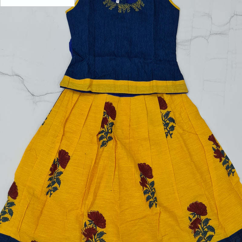 Ready Made Cotton Pavadai set with sleeves for 3 year children, a blue-and-yellow sleeveless two-piece outfit with floral print