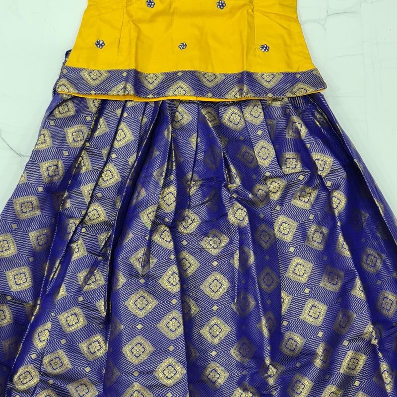 Ready Made Apoorva Silk Pavadai set with sleeves for 7 year children, a yellow-and-blue dress with patterned pleated skirt