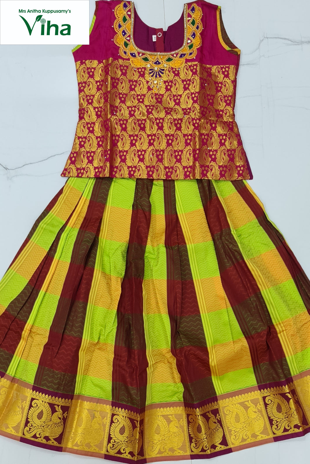 Ready Made Cotton Silk Pavadai set ( Lehenga Set ) with sleeves for 4 years