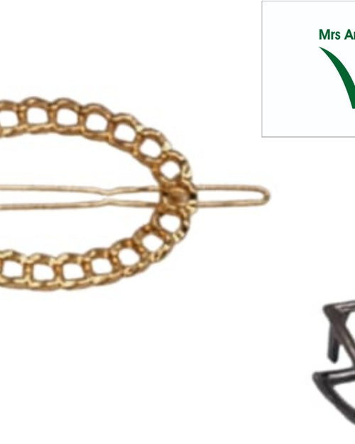 Hair Clips, a gold-toned oval chain hair clip alongside a dark grey metallic claw clip with an open geometric frame design