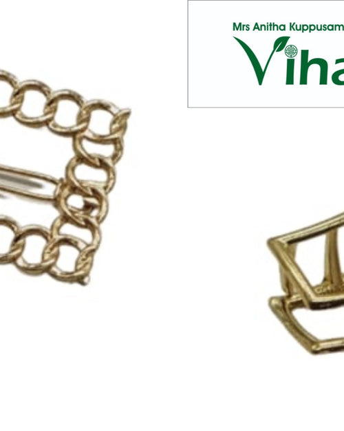 Hair Clips, two gold-toned objects, including a rectangular chain-linked slide and a curved open-frame claw clip with six tines