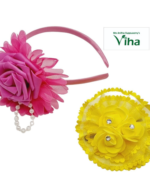 Floral Hair Band & Floral Hair Clip, a pink rose headband with a pearl chain and a yellow rose flower clip