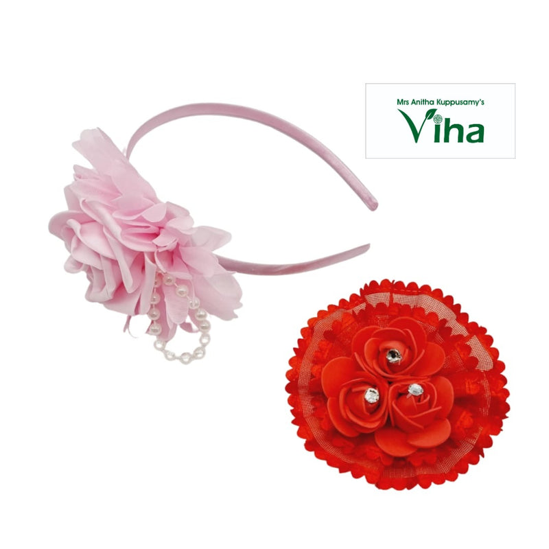 Floral Hair Band & Floral Hair Clip, a pink headband featuring a large fabric flower with hanging white bead strands beside a red triple-rose piece