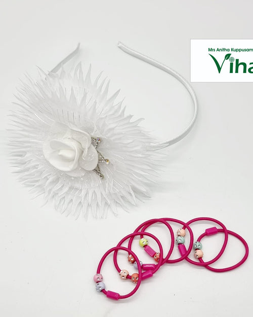 Sun Flower Hair Band Set, a white fringed flower headband with six pink beaded hair ties