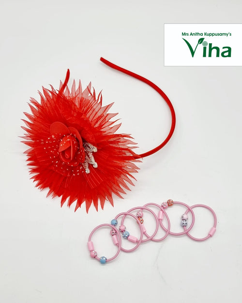 Sun Flower Hair Band Set, a red headband with a large fabric flower and six pink hair rings with beads