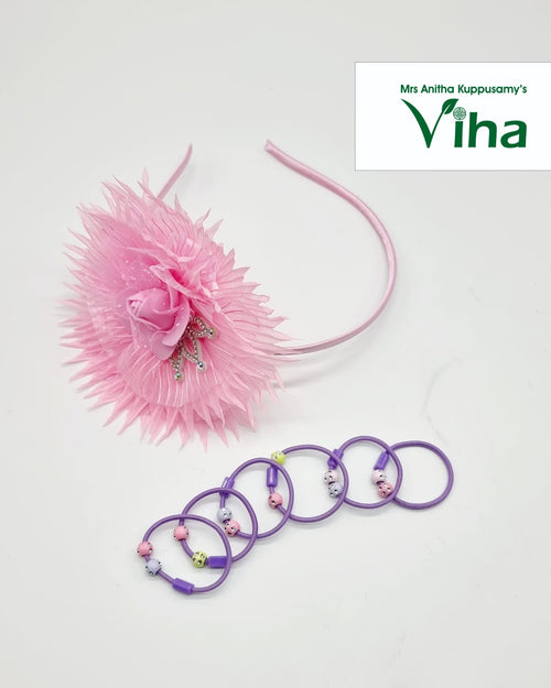 Sun Flower Hair Band Set, pink fabric flower headband with purple beaded hair ties