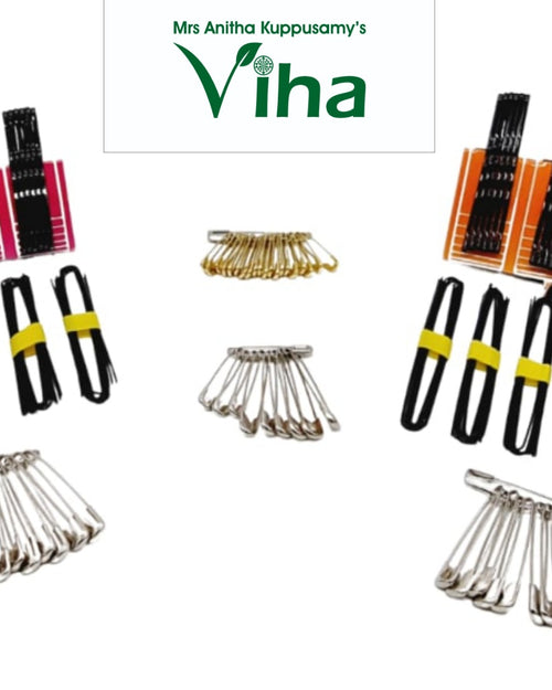 Hair Pins,Safety Pins,Hair Knot Pins, assortment of black hair pins and safety pins arranged in sets with colorful cards on a white background