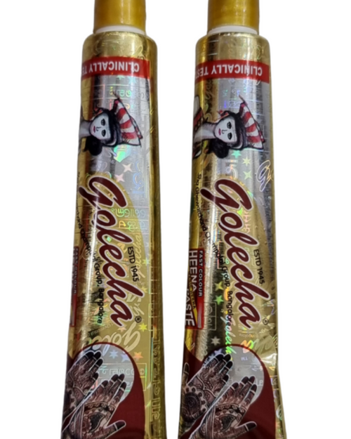 Readymade Mehandi Tube, two gold-toned foil squeeze tubes with pointed caps, decorated with script and illustrations