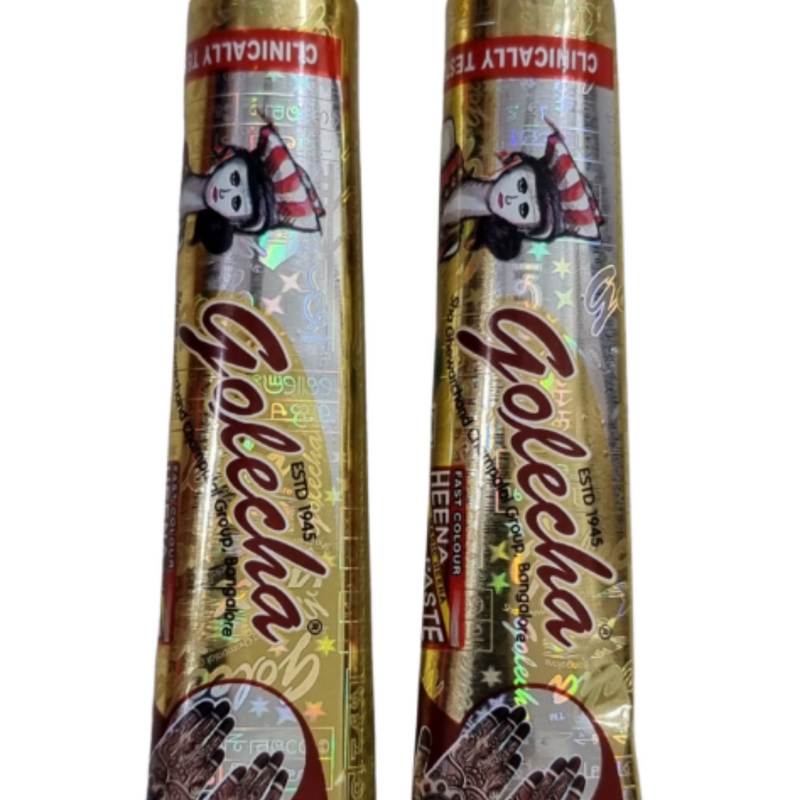 Readymade Mehandi Tube, two gold-toned foil squeeze tubes with pointed caps, decorated with script and illustrations