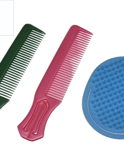 Green and pink handled combs with a round blue brush