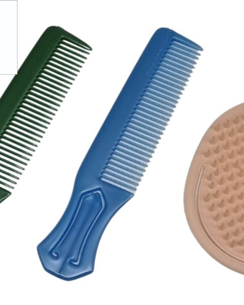 Green and blue handled combs with a round tan brush
