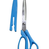 Stainless Steel Multi purpose Scisors, a pair of open blue-handled scissors with metal blades beside a blue plastic sheath