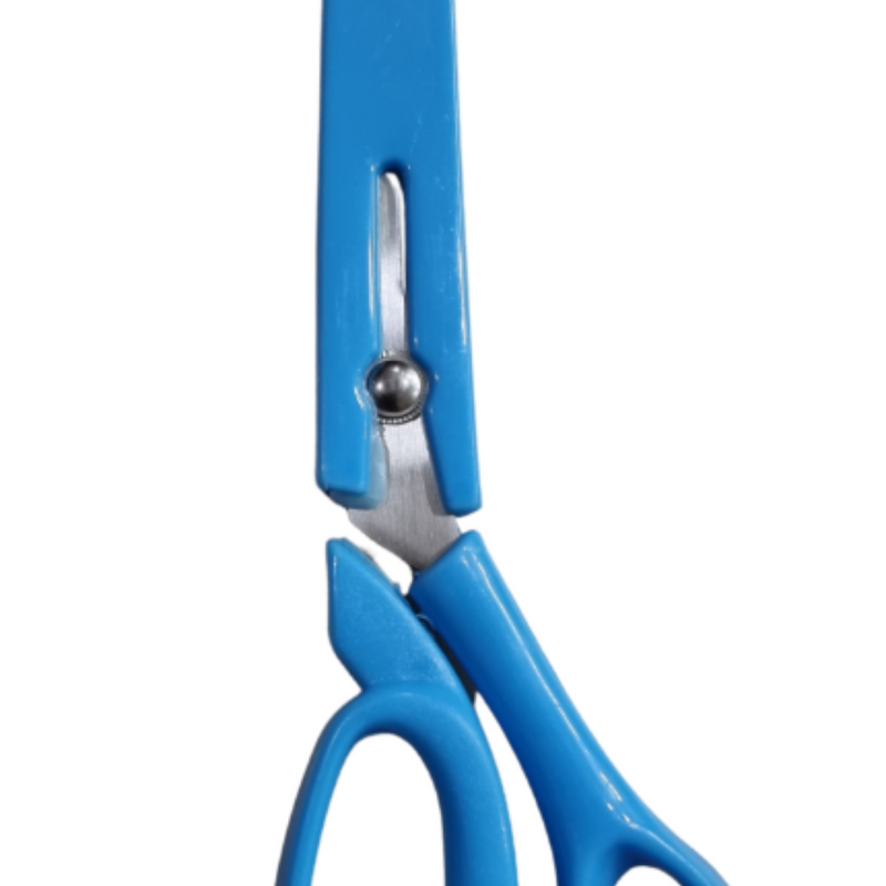 Stainless Steel Multi purpose Scissors, one blue handled scissors with silver-toned-blades enclosed in a blue sheath with a rounded tip