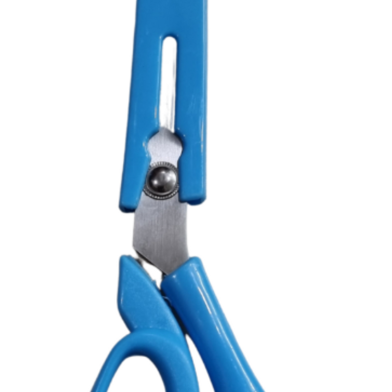 Stainless Steel Multi Purpose Scissors, a pair of scissors with glossy bright blue handles and a matching blue cover over the blades