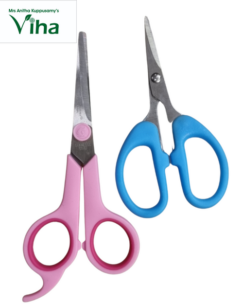 Stainless Scissors Combo, one pair with pink handles and a finger rest hook