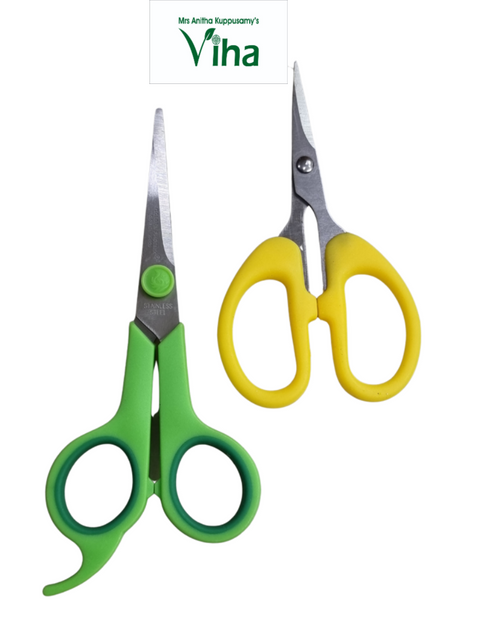 Stainless Scissors Combo, two pairs of scissors with silver-toned metal blades and one pair featuring green handles while the other has yellow handles