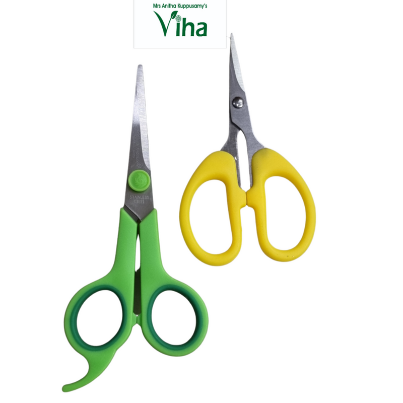 Stainless Scissors Combo, two pairs of scissors with silver-toned metal blades and one pair featuring green handles while the other has yellow handles