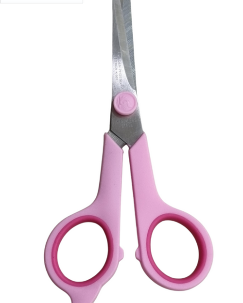 Stainless Scissors, a pair of scissors with silver-toned blades, pink handles, and a pink pivot cap
