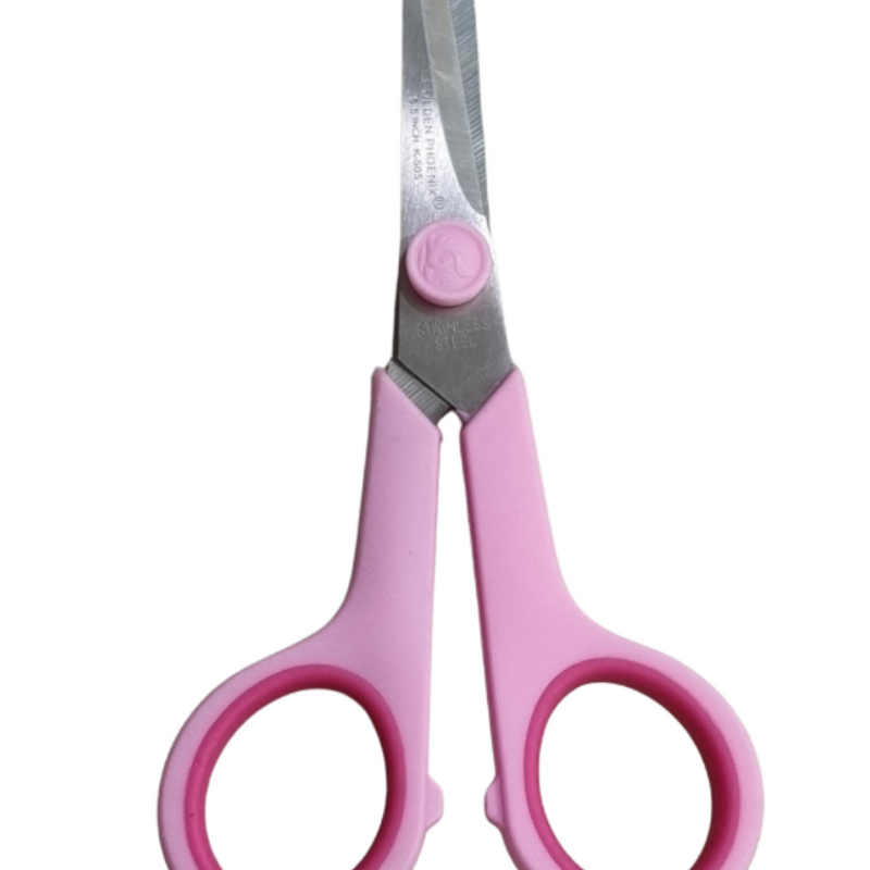 Stainless Scissors, a pair of scissors with silver-toned blades, pink handles, and a pink pivot cap