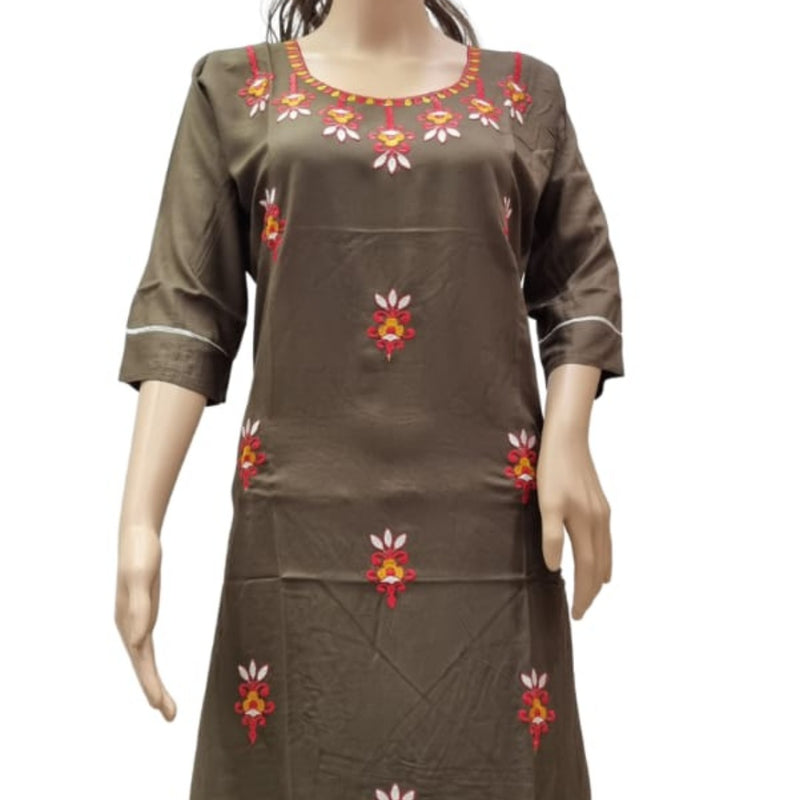 Rayon Kurti with Embroidery work XXL, brown, scoop neckline and three-quarter sleeves