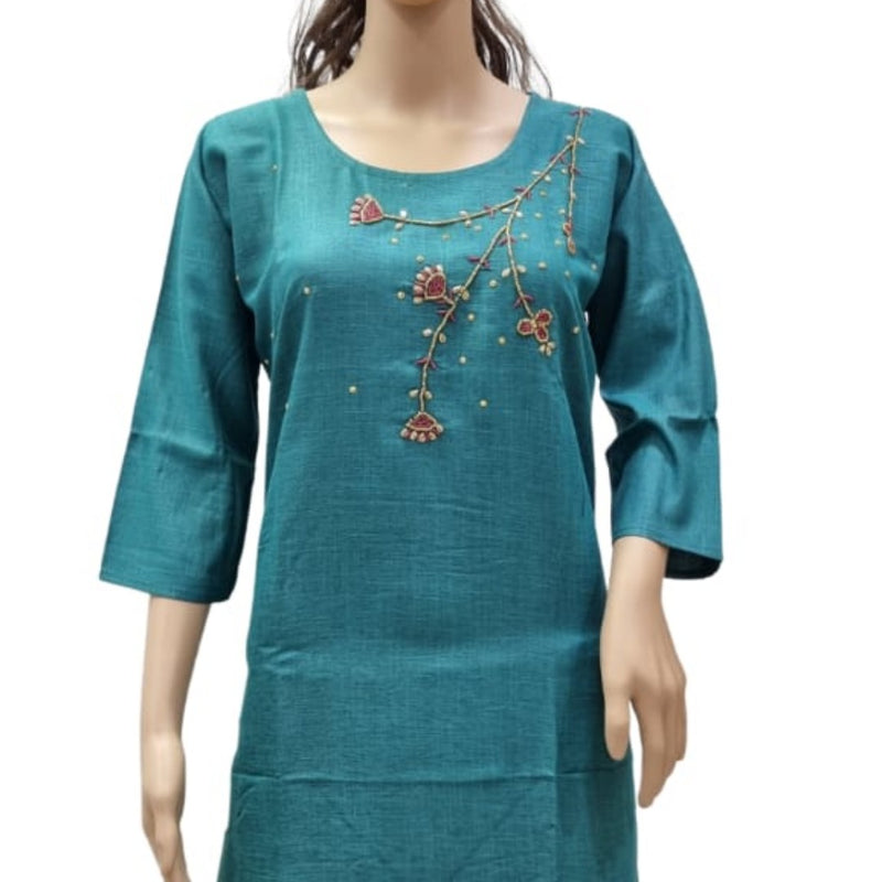 Rayon Kurti with Embroidery work XXL, teal, scoop neckline and floral embroidery