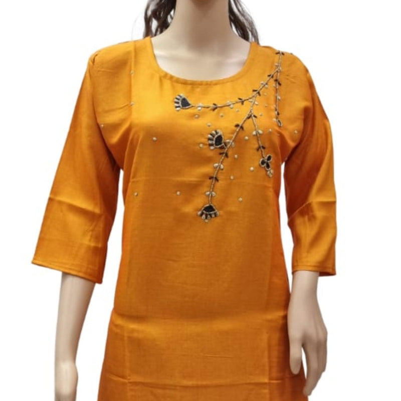 Rayon Kurti with Embroidery work XXL, yellow, scoop neckline and three-quarter length sleeves