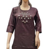 Rayon Kurti with Embroidery work XL, dark brown, scoop neckline and three-quarter sleeves