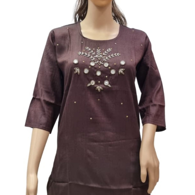 Rayon Kurti with Embroidery work XL, dark brown, scoop neckline and three-quarter sleeves
