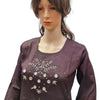 Rayon Kurti with Embroidery work XL, a purple tunic featuring a round neckline, three-quarter sleeves, and intricate beadwork embroidery