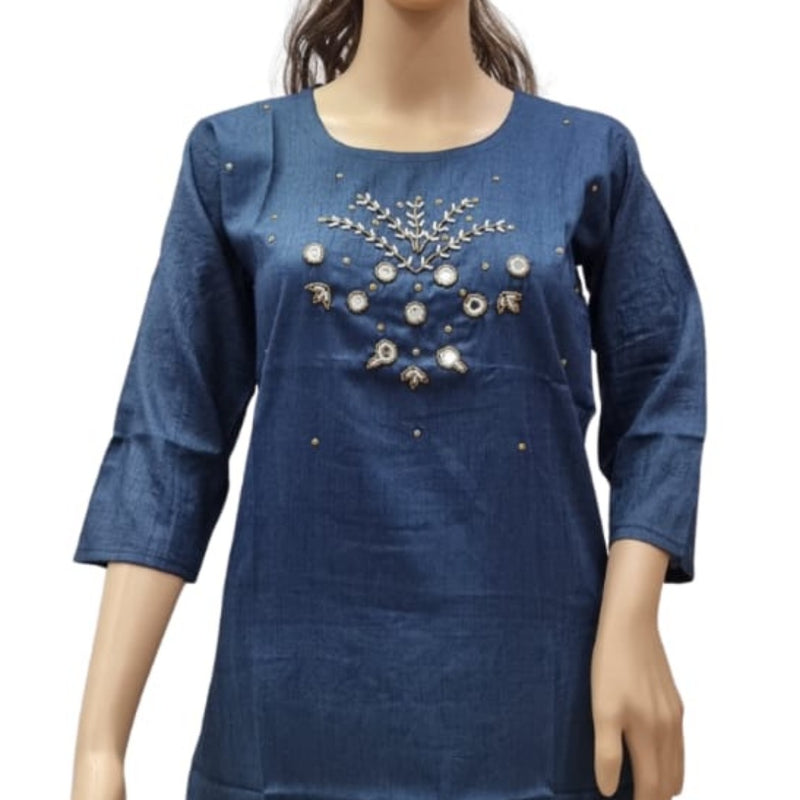 Rayon Kurti with Embroidery work XL, blue, round neckline and three-quarter length sleeves