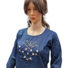 Rayon Kurti with Embroidery work XL, a blue tunic with three-quarter sleeves and ornate hand embroidery featuring small mirrors on the chest