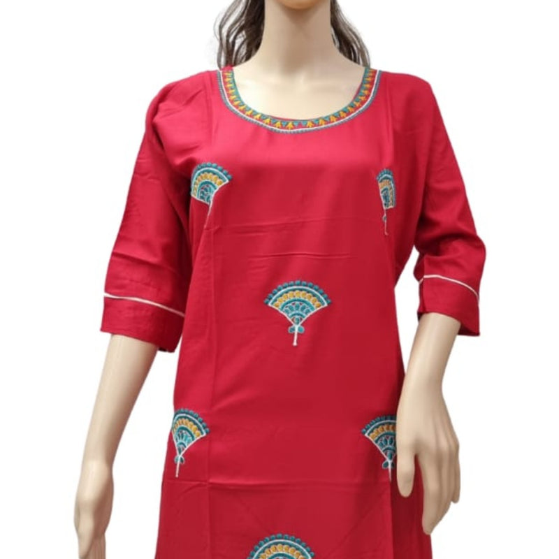 Rayon Kurti with Embroidery work XXL, red, round neckline and three-quarter sleeves