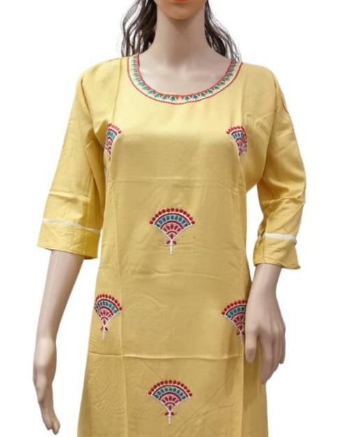 Rayon Kurti with Embroidery work, yellow, round neckline and three-quarter sleeves with white trim
