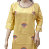 Rayon Kurti with Embroidery work, yellow, round neckline and three-quarter sleeves with white trim