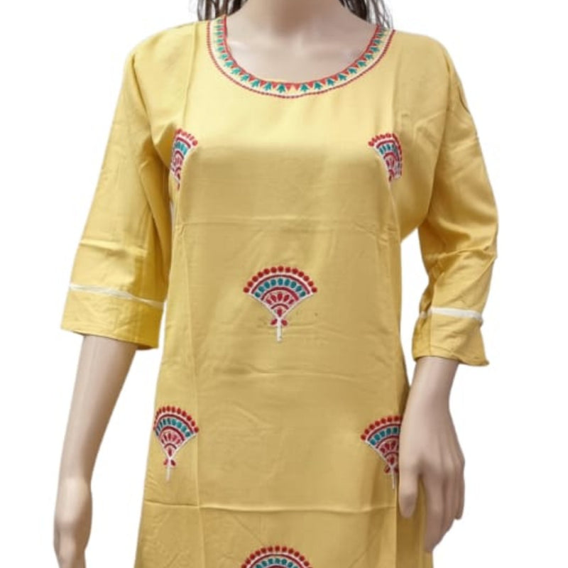 Rayon Kurti with Embroidery work, yellow, round neckline and three-quarter sleeves with white trim