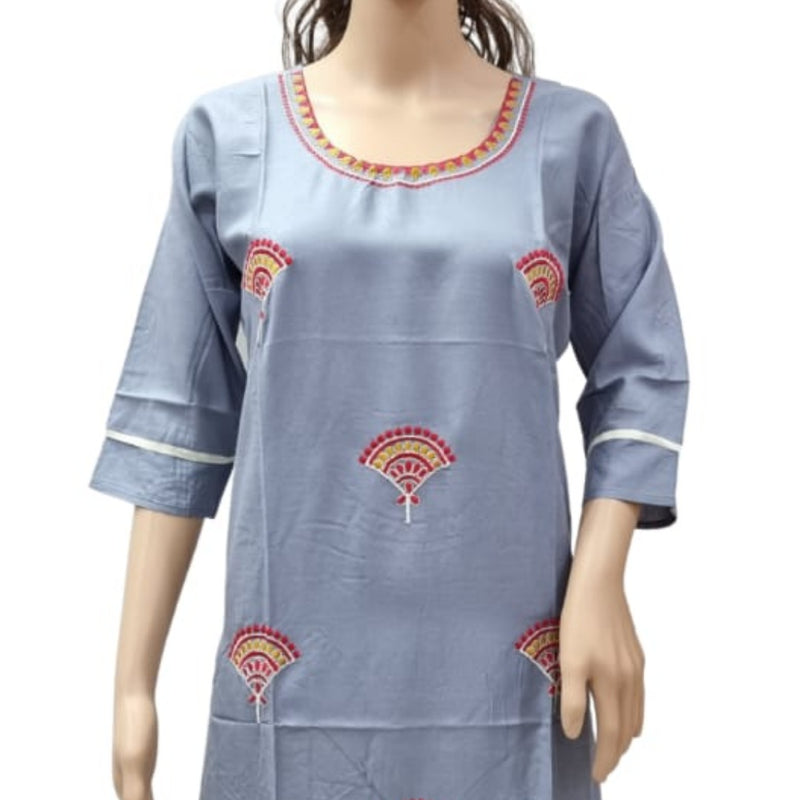 Rayon Kurti with Embroidery work, grey, round neckline and half sleeves with white trim