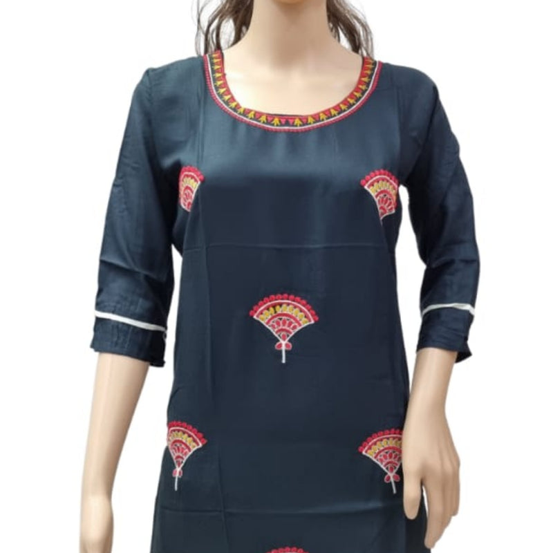 Rayon Kurti with Embroidery work XXL, dark teal, scoop neckline and decorative embroidery