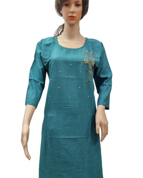 Rayon Kurti with Embroidery work XXL, teal, scoop neckline and three-quarter length sleeves