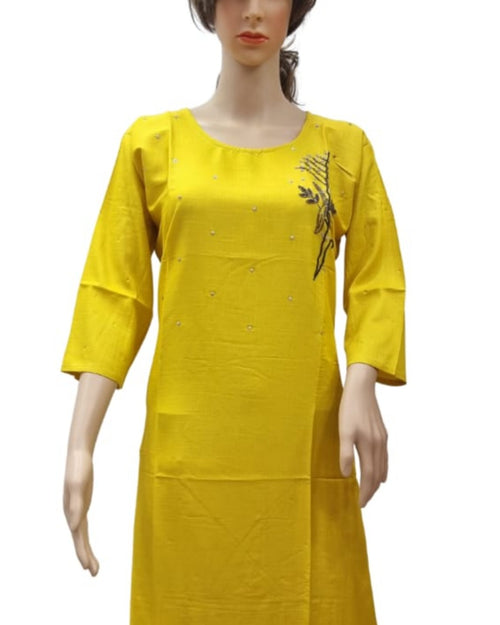 Rayon Kurti with Embroidery work XXL, a yellow long-sleeved tunic featuring small scattered dots and an embroidered dark branch motif on the chest
