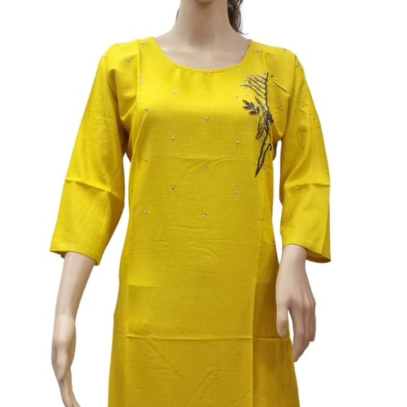 Rayon Kurti with Embroidery work XXL, a yellow long-sleeved tunic featuring small scattered dots and an embroidered dark branch motif on the chest