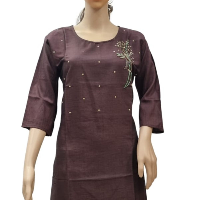 Rayon Kurti with Embroidery work XXL, brown, scoop neckline and three-quarter length sleeves