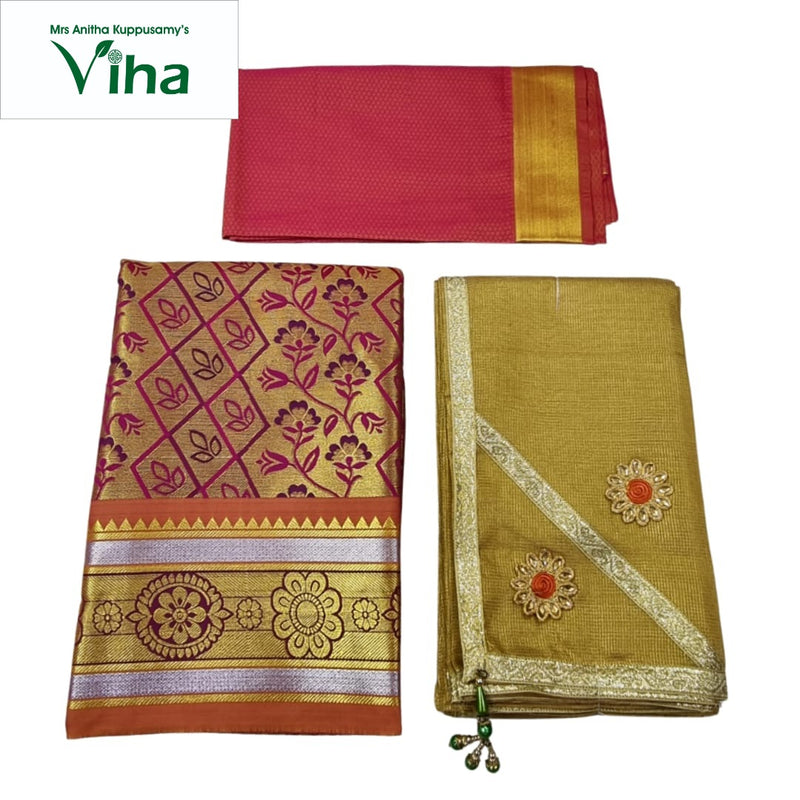 Apoorva Silk Half Saree Set with floral sections and geometric grid patterns