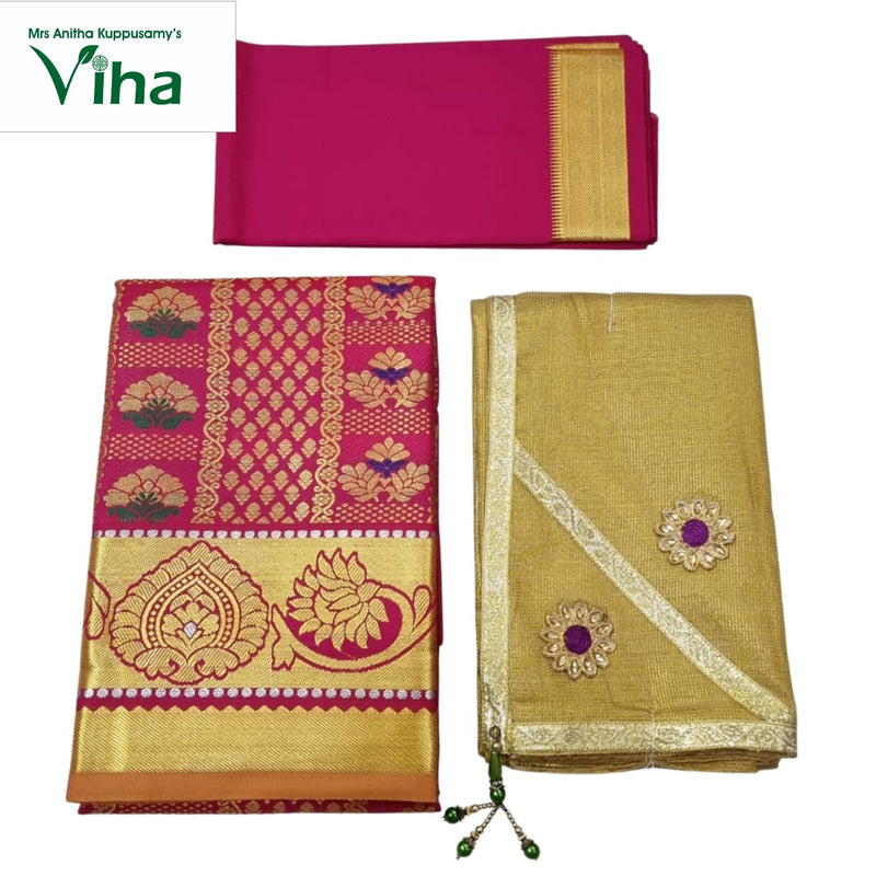 Apoorva Silk Half Saree Set with folded fabric pieces and wide borders