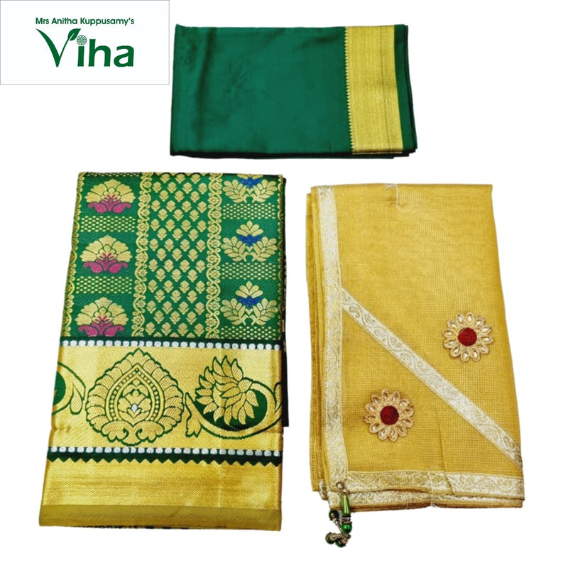 Apoorva Silk Half Saree Set with floral patterns and embroidered medallions