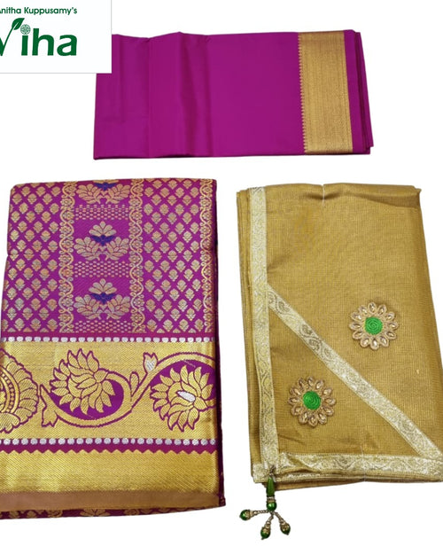Apoorva Silk Half Saree Set with small patterned motifs and large floral motifs