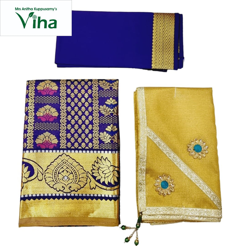 Apoorva Silk Half Saree Set with paisley motifs and circular turquoise embellishments