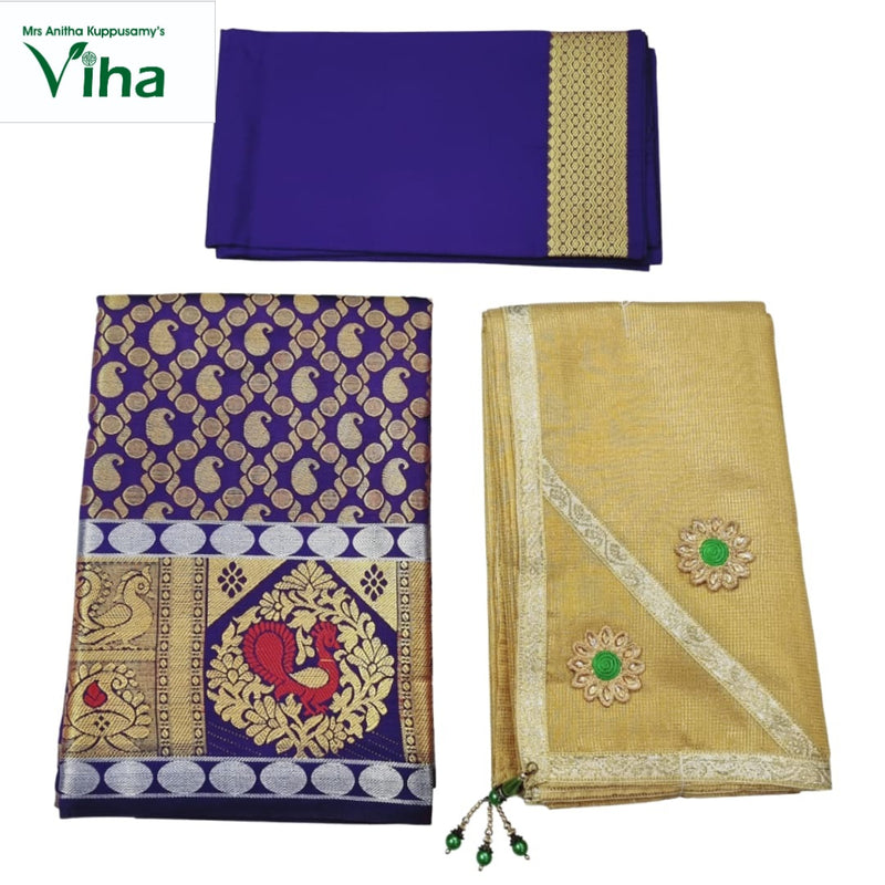 Apoorva Silk Half Saree Set with blue and gold-toned paisley pattern