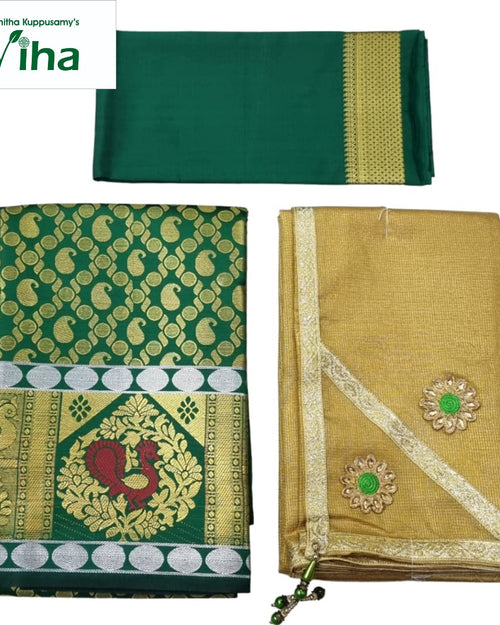 Apoorva Silk Half Saree Set with green and gold-toned paisley pattern