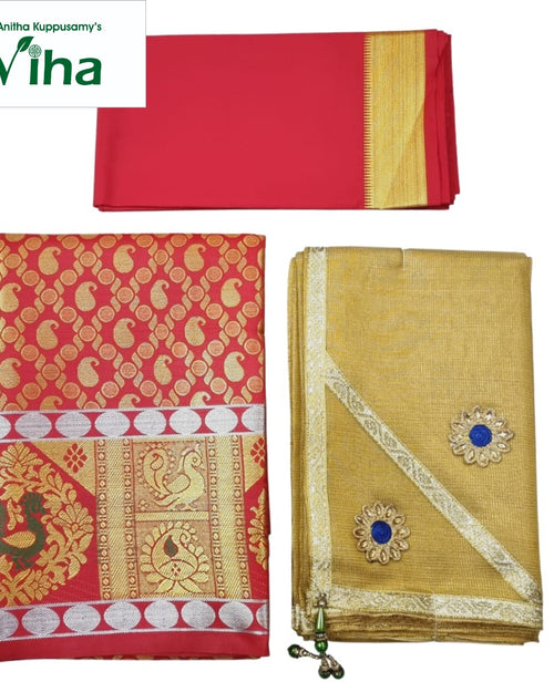 Apoorva Silk Half Saree Set with red, gold-toned paisley patterns